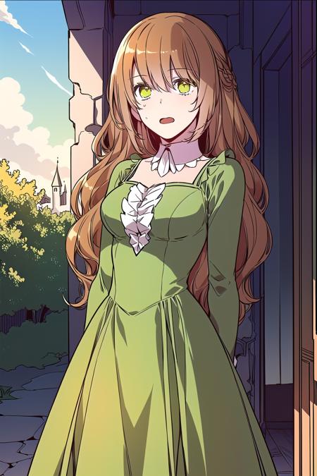 (small breasts:1.20), <lora:Raeliana_v2b:1.0> raeliana, 1girl, solo, long hair, wavy hair, green dress, frilled dress, standing, slender, pale skin, parted lips, embarrassed, sky, masterpiece, open mouth, castle corridor, detached collar, long skirt