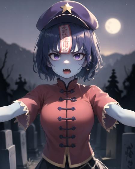 best quality, (masterpiece:1.2), illustration, absurdres,
(1girl), (solo), (beautiful detailed girl),
<lora:Yoshika:0.9>,  Miyako Yoshika, (blue skin, purple skin:1.1), dark blue hair, purple eyes, medium breasts, zombie, jiangshi, undead
(purple headwear:1.1), yellow star ornament, ofuda on forehead, red shirt, short sleeves, black skirt with frills, tangzhuang, chinese clothes,
open mouth, fangs, (angry:1.2), drooling, looking at viewer,
graveyard, gravestones, dead trees, night, dark, starry sky, distant mountains, ((upper body, portrait)),
((outstretched arms, arms forward, reaching towards viewer, stiff limbs)),