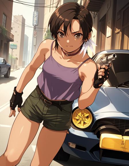 exdlsa, brown eyes, feather earrings, choker, fingerless gloves, purple camisole, shorts, belt exdlsa, brown eyes, necklace, feather earrings, fingerless gloves, torn shirt, green tank top, leather jacket, midriff, belt, pants, crop top exdlsa, brown eyes, one-piece swimsuit, goggles on head, competition swimsuit, swim cap