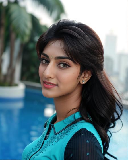 photo of erjf woman, wearing Sage  ethnic dress, upper body, dynamic pose, , , contrasting background bokeh  <lora:erjf_Erica_Fernandes_SD15_LoRA_prodigy_local_regs_HNepochs:1>