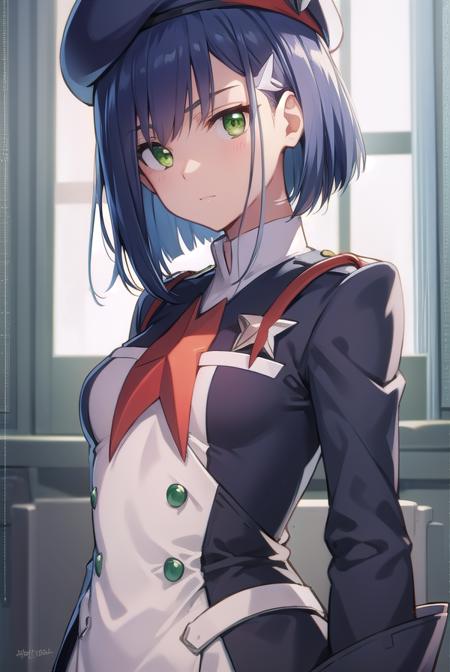 franxxichigo, <lyco:ichigo-lyco-nochekaiser:1>, 
ichigo, blue hair, (green eyes:1.5), hair ornament, hairclip, short hair,
BREAK beret, hat, military, military uniform, uniform,
BREAK looking at viewer,
BREAK indoors, classroom,
BREAK <lyco:GoodHands-beta2:1>, (masterpiece:1.2), best quality, high resolution, unity 8k wallpaper, (illustration:0.8), (beautiful detailed eyes:1.6), extremely detailed face, perfect lighting, extremely detailed CG, (perfect hands, perfect anatomy),