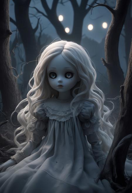 (style of Brom) Cursed dusty old porcelain doll with cracked surface:1.5, hollow lifeless eyes glowing faintly:1.3, dreamlike surreal scene, floating ghostly figure behind the doll, flowing ethereal fabric moving unnaturally:1.2, glowing abstract shapes swirling around the doll:1.4, soft eerie lighting illuminating the doll's face:1.3, vibrant yet unnerving colors reflecting a magical yet haunting atmosphere:1.1, mysterious aura surrounding the doll, whimsical landscape blending seamlessly into nightmarish undertones, introspective and melancholic mood:1.2, emotional depth in the lifeless expression of the doll, fluid composition, twisted trees and distorted backgrounds (background:0.7), BREAK glowing mist swirling around the doll, faint whispers in the air, dim moonlight casting long shadows, surreal reflections in
