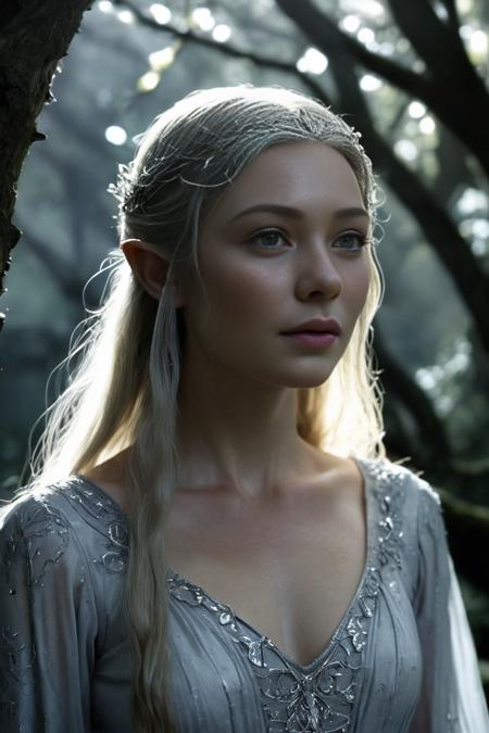 Setting & Atmosphere:
The scene takes place in the heart of LothlÃ³rien, in a dimly lit, ethereal environment with a mystical and otherworldly ambiance. The surrounding area is bathed in a soft, silver-blue light, giving it a dreamlike quality. The light seems to emanate from the trees and water around them.
Galadriel's Expression:
Galadrielâs face is calm and serene, but as she imagines the power of the Ring, her expression changes dramatically. Her eyes widen, glowing with an intense, almost otherworldly light, and her face contorts slightly with a mixture of temptation, power, and latent darkness. Thereâs a sense of immense power brewing within her, restrained yet palpable.
Her Transformation:
As she speaks, thereâs a visual transformation where Galadriel appears larger, more formidable, and otherworldly. Her skin takes on a shimmering, almost metallic hue, with silver and blue tones. Her eyes become brilliantly luminous, glowing with a fierce light that contrasts with the darkness around her. The lighting accentuates the sharpness of her features, giving her a more defined, almost statuesque appearance.
Clothing & Accessories:
Galadriel is wearing a long, flowing white gown made of a delicate, almost translucent material that glows faintly in the low light. The gown has intricate silver embroidery along the edges, with patterns resembling leaves and vines. Her hair is long, golden, and flowing, cascading down her back like a river of light. She wears a simple, elegant silver circlet on her head, adorned with a single white gem in the center.
Lighting & Shadows:
The light around Galadriel is both soft and harsh, creating a duality in her appearance. While her face and upper body are illuminated by a soft, ethereal light, her lower half and the surrounding area are cast in deep shadows, emphasizing the contrast between the light and dark aspects of her character in this moment. The shadows move and flicker subtly, adding to the eerie, powerful atmosphere.
Background Elements:
Behind her, the ancient trees of LothlÃ³rien loom tall, their twisted branches reaching out like dark tendrils. The leaves glisten as if covered in dew, reflecting the faint light. The water in the background is calm, reflecting the soft light of the scene, adding to the mystical feel.
Her Aura:
During the transformation, Galadriel emanates a powerful aura that seems to ripple through the air around her, distorting the space slightly. The air seems to shimmer with energy, and thereâs a sense of awe and dread as she imagines herself as the Dark Queen. The colors around her become more intense, with deep blues, silvers, and blacks dominating the scene.