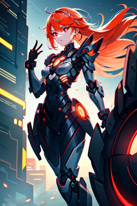 (sfw), intricate details, 1girl, night, (bright neon colors), ((flying over futuristic cyberpunk city)), detailed background, (petite cyborg girl, ((cute perfect face, bright glowing red eyes)), (perfect anatomy, petite perky breasts), (absurdly long gradient orange and white hair, hair blowing in the wind)), detailed ribbed impossible bodysuit, shoulder armor, cybernetic limbs, dynamic angle, <lora:aMechaMusumeA_arc:0.5>