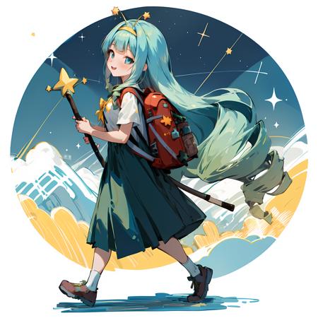 jelly hoshiumi, 1girl, solo, blush, smile, blue eyes, very long hair, blue hair, small breasts, (drill hair, blunt bangs, green hair), star (symbol), gradient hair, antennae, yellow bow, star hair ornament, yellow hairband, hair ornament BREAK
hiking, (hiking gear, backpack, walking stick, traveller:1.5), grassy fields, mountains in the distance
 <lora:JellyHoshiumi_V2-03:0.7>