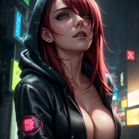 best quality, masterpiece, cinematic, realistic, cyberpunk, cyberpunk city, neon, volumetric lighting, black sky, (raining, thunderstorm), 1girl, (cyberpunk clothing, hoodie, pants, punk clothes), (flowing red hair), water reflecting off ground, ((hidden face)), realistic eyes