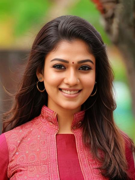 hires close up photo of a (nyth woman) outdoors, looking looking at camera, colorful high neck ethnic dress,  smiling, tied hair, ultra-detailed, photorealistic, intricate details, perfect face, full sharp, detailed face, realistic eyes,simple white stucco background  <lora:nyth_Nayanthara_SD15_LoRA:1>