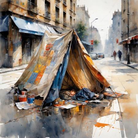 a makeshift beggar's tent on a sidewalk, built out of a patchwork of tattered tarps and dilapidated cardboard walls, by Thomas Wells Schaller :: Leonid Afremov :: Carne Griffiths :: Russ Mills