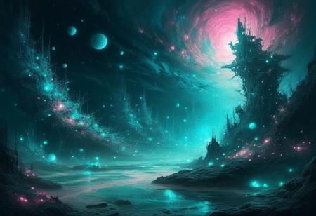 (by Ellen Jewett:1.5), (space), (Bioluminescent Impressionism, incredibly beautiful, mysterious and mystical universe, turquoise and pink colors, mysterious atmosphere, rich gradients, digital art,   depth of field, biotech emotion:1.3) <lora:xl_more_art-full_v1:0.5> <lora:add-detail-xl:1> <lora:RMSDXL_Creative:2>