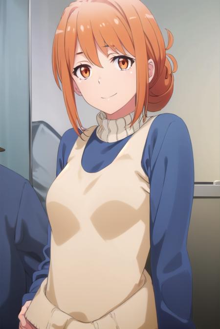 yuigahamama, <lora:mother yuigahama s2s3-lora-nochekaiser:1>,
mother yuigahama, hair bun, mature female, (orange eyes:1.5), orange hair, short hair, single hair bun, hair between eyes, sidelocks, smile,
BREAK denim, jeans, pants, sweater, turtleneck, turtleneck sweater, white sweater,
BREAK indoors, bed,
BREAK looking at viewer, (cowboy shot:1.5),
BREAK <lyco:GoodHands-beta2:1>, (masterpiece:1.2), best quality, high resolution, unity 8k wallpaper, (illustration:0.8), (beautiful detailed eyes:1.6), extremely detailed face, perfect lighting, extremely detailed CG, (perfect hands, perfect anatomy),