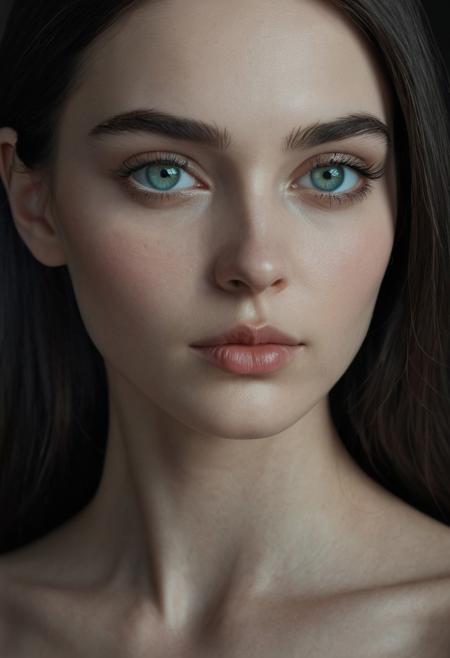 A hyper-realistic portrait of an elegant woman with an oval-shaped face, high sculpted cheekbones, and a soft yet defined jawline. She has a fair, porcelain-like complexion with cool undertones. Her dark, full eyebrows are sharply arched, framing large almond-shaped greenish-blue eyes with a deep, thoughtful gaze. Her nose is narrow and refined, lips full with a soft Cupid’s bow, and her expression is serene yet intense. She has long, straight, dark brown hair parted slightly to the side, framing her face gracefully. The image is in cinematic lighting, ultra-detailed, with a subtle artistic softness, evoking beauty, intelligence, and emotional depth.