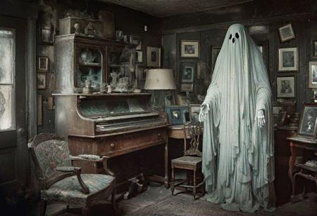 In a forgotten corner of a dusty antique shop, a specter from the digital realm materializes in a vintage photograph. The image, a faded black-and-white photograph, captures a dynamic figure that seems to defy the constraints of its static medium. The elusive ghost is depicted in rich, vibrant colors, its translucent form pulsing with an otherworldly energy. Every pixel is meticulously crafted, enhancing the ghost's ethereal presence and adding a touch of whimsy to the haunting scene. The image is a masterpiece of digital artistry, blending the past and the present in a mesmerizing display of creativity.