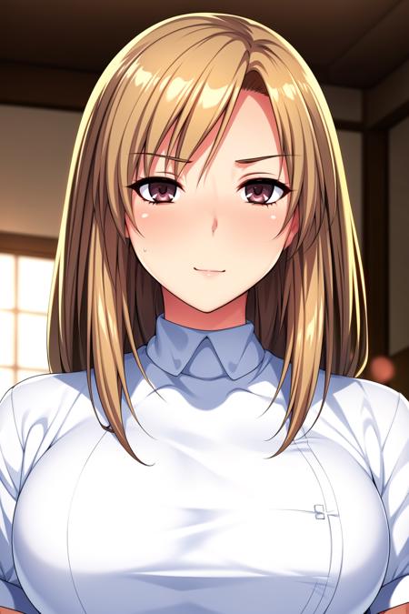 Simple White Background,
shirt, 
<lora:Sakimi_Ayase_Maro-KK77-V2:0.7>,
blonde_hair,brown_eyes,long_hair,Bangs,
<lora:Mariana_Luciano_NON_VIRGIN-KK77-V1:0.3>,<lora:more_details:0.1>,
1 girl, 20yo,Young female,Beautiful Finger,Beautiful long legs,Beautiful body,Beautiful Nose,Beautiful character design, perfect eyes, perfect face,expressive eyes,perfect balance,
looking at viewer,(Focus on her face),closed mouth, (innocent_big_eyes:1.0),Light_Smile,
official art,extremely detailed CG unity 8k wallpaper, perfect lighting,Colorful, Bright_Front_face_Lighting,shiny skin, 
(masterpiece:1.0),(best_quality:1.0), ultra high res,4K,ultra-detailed,
photography, 8K, HDR, highres, absurdres:1.2, Kodak portra 400, film grain, blurry background, bokeh:1.2, lens flare, (vibrant_color:1.2),professional photograph, 
(Beautiful,large_Breasts:1.4), (beautiful_face:1.5),(narrow_waist),