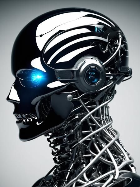 An enthralling 3D render unveils a dark fantasy mechanical neck spine system, envisioning a futuristic and sinister concept. The spine is intricately detailed, incorporating fiber optic neurons that interconnect with a polished, transparent helmet. The helmet houses electronic-optical eyes that emit a subtle, enigmatic glow, contributing to the ominous appearance. The design masterfully merges advanced technology with the macabre, eliciting a sense of enigma and captivation. This conceptual artwork prompts the viewer to contemplate the intersection of technology and dark fantasy, evoking a blend of fascination and discomfort.