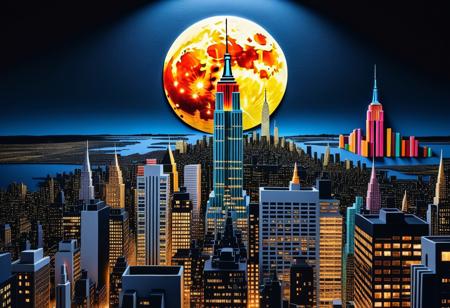 a breathtaking, photorealistic cityscape of New York City at night, with a stunning full moon and vibrant, metallic colors. The detailed architectural structures, including iconic landmarks like the Empire State Building and World Trade Center, are beautifully rendered in a layered way, made completely of folded paper and glue, vibrant colors