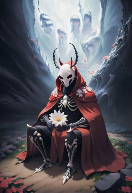 score_9, score_8_up, score_7_up, inside, cave, mushroom, rock, solo BREAK hornet \(hollow knight\), arthropod, exoskeleton, black body, white mask, empty eyes, red cloak, sitting, digitigrade, holding flower, white flower, featureless feet, 2 toes