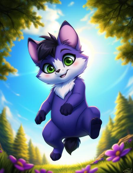  AmaruLoliRock, purple fur, green eyes, black tail, chibi, ( ass up rear view, looking back,)