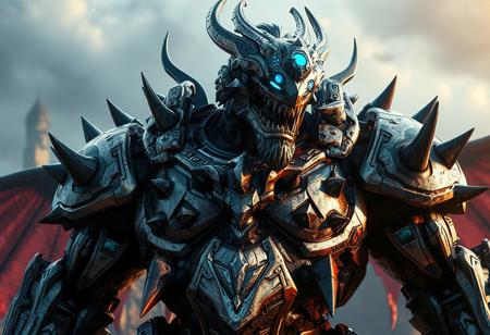 Gouki The Great Ogre robot,epic Harpies' Hunting Ground backgrounds details, black & silver, blue head/visor, red & silver chest plate/joints/spikes, tilted head, dynamic action pose, cinematic lighting, trending on Artstation, Octane Render, Unreal Engine 5 pro, WLOP style, 4K, intricate details, CGSociety, splash ink illustration, Raphael style, Houdini style, grammer effect, golden ratio.