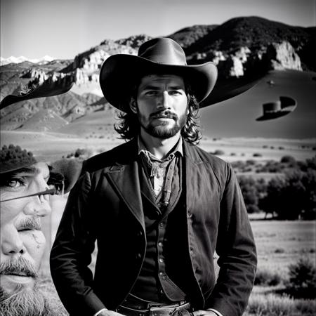 RAW, photorealistic, best_quality, cowboy-shot of a man in the western american frontier, year 1860, the style of Ansel Adams