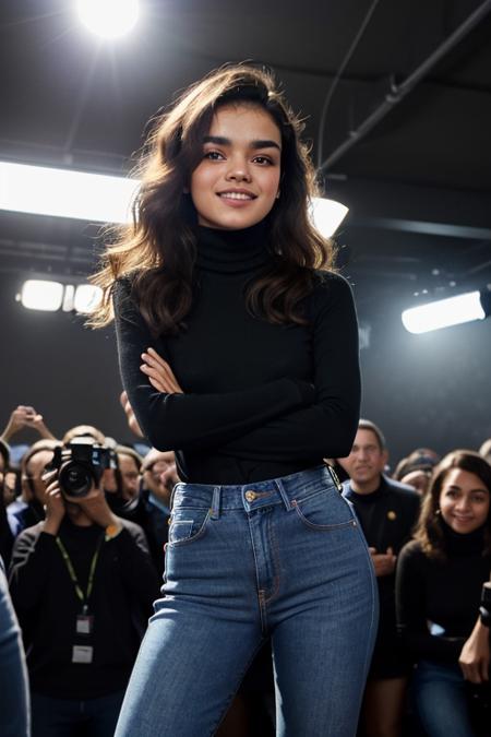 RAW photo of woman, (full body shot:1.1) portrait on a black plain background, (smile, happy:1.1), sharp focus, best quality, extremely detailed. (jeans, turtleneck:1.2). in a crowded dance club, (lens flare:1.01). BREAK rachelZeg1,black hair, brown eyes. fcHeatPortraitat
