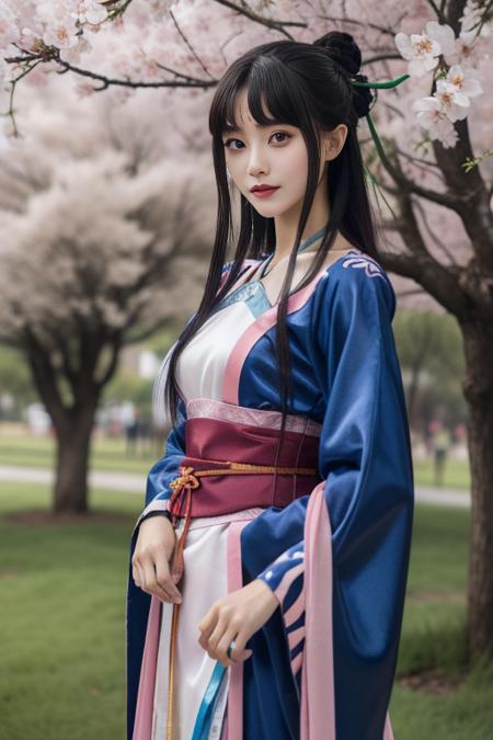 ltra-detailed,highly detailed,best quality,masterpiece,illustration,realistic,photorealistic,
liumengli, 1girl, solo, 
hanfu, chinese clothes, wide sleeves, long sleeves, sash, hair ornament, 
long hair, black hair, bangs, blunt bangs, sidelocks, 
standing, looking at viewer, cowboy shot, 
outdoors, grass, flower, day, cherry blossoms, tree, sunlight, photo background, rock, 
 <lora:liumengli_v1_06:0.7>