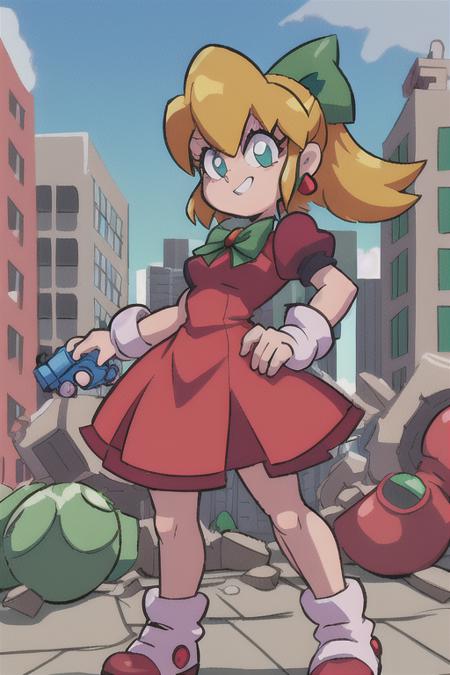 <lora:Roll3D:0.6> Roll3D 1girl,red dress, green bow, blonde hair, blue eyes, in city ruins with a blaster, scene from megaman