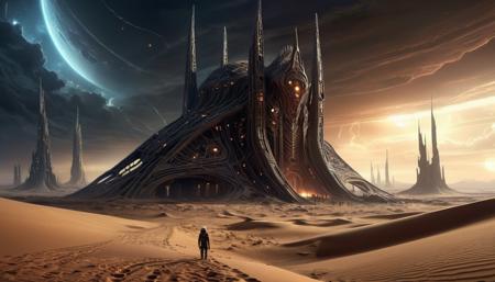Ruined alien buildings made of shimmering sand, their surfaces etched with mysterious symbols, surrounded by endless dunes and a stormy sky on a distant desert planet, sci-fi art style, DonMM4ch1n3W0rldXL