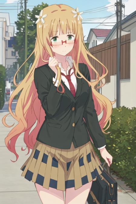 best quality, masterpiece, highres, solo, {mitsuki_sonoda_sakuratrick:1.15}, blonde_hair, glasses, flower, blush, hair_flower, hair_ornament, long_hair, green_eyes, red-framed_eyewear, 1girl, closed_eyes, school_uniform, necktie, parody