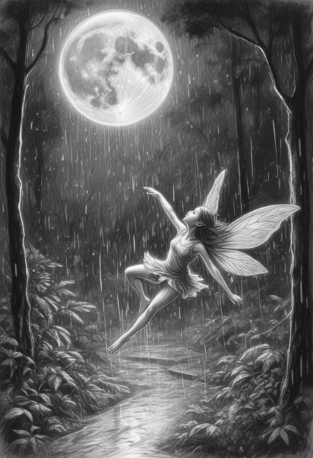 Hand-drawn sketch, overhead view of a fairy mid-leap in a rain-soaked forest under a full moon. Wet scene, reflective surfaces, drizzling rain, rough pencil strokes, textured, white background.