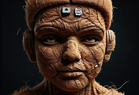 pamcocomat, close-up portrait of a humanoid android with fiber-woven skin, intricate cocomat circuitry integrated into facial structure, moody cinematic lighting, Rembrandt lighting, high-resolution texture mapping, shallow depth of field, full-frame DSLR shot
