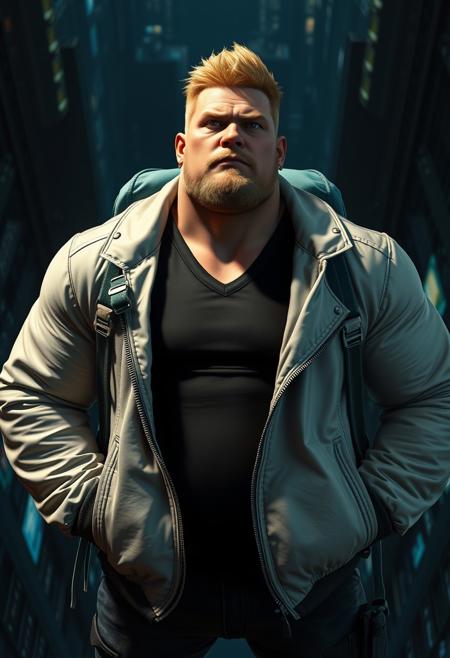 closeup character portrait from above, gay bara manga by Goh Fujimoto and Gengoroh Tagame as hyperealistic dark cgi scifi movie 3d 2.5d render with realistic professional lightning and advanced 3D shading tech, depicting a serious stern blonde hairy german musclechub wiith a big round belly and huge steroid muscle arms wearing a white leather jacket and black v-neck tshirt , small golden earring in right ear, very hairy chest, his face is round and he has crooked small nose and a doublechin, in a dark megastructure megacity, hands in jacket pockets while having an epic main protagonist pose with a fitting dramatic camera angle, wearing a huge teal colored adventurer backpack with strands of cloth hanging from it, detailed high resolution textures, dark shadown with dynamic rimlight