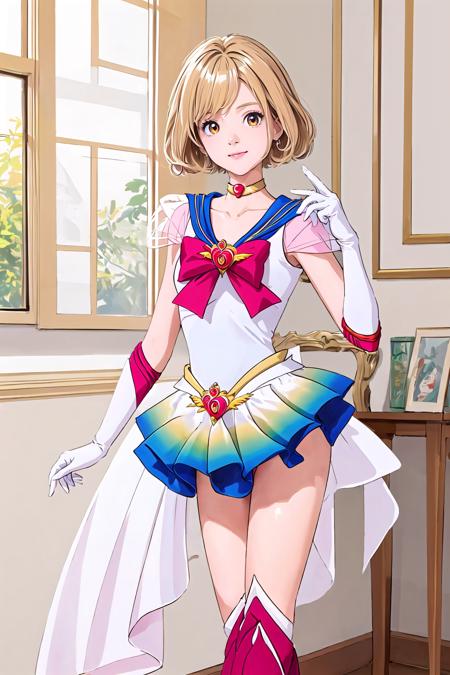 ((best quality)), ((official art)), ((masterpiece)), textile shading, ((ultra-detailed)), full color, (1girl, solo,   <lyco:super_sailor_moon_outfit-v2:1>,  bssmsuperoutfit, white gloves, white leotard, sleeveless, miniskirt,  standing, bob cut, blonde hair), indoors