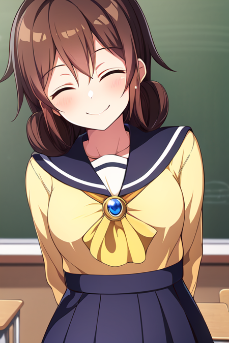 (masterpiece), (best quality:1.4, high quality:1.4), highres, classroom, 1girl, solo, standing, upper body, looking at viewer, arms behind back, closed eyes, tilt head, smile, brown hair, school uniform, yellow shirt, long sleeves, SeikoCP