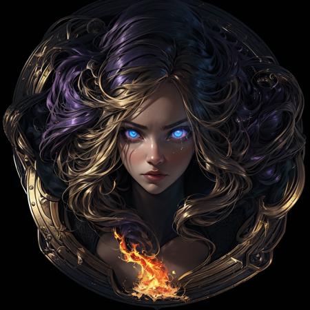 Check Piont:sxzLuma_099VAE
(1girl_1.4),(long hair_1.3),Glowing eyes,Eye corner flame,yellow  purple themes,