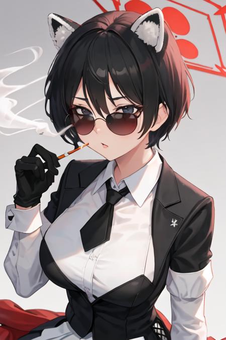 best quality, masterpiece, highres, solo, {black business suit:1.40}, {tie:1.20}, {sunglasses:1.25}, {white gloves:1.15}, {white shirt:1.10}, {black skirt:1.15}, {smoking:1.20}, handsome, {tsubaki_bluearchive:1.15}, short_hair, black_hair, animal_ears, bangs, blush, breasts, large_breasts, hair_between_eyes, halo, black_eyes