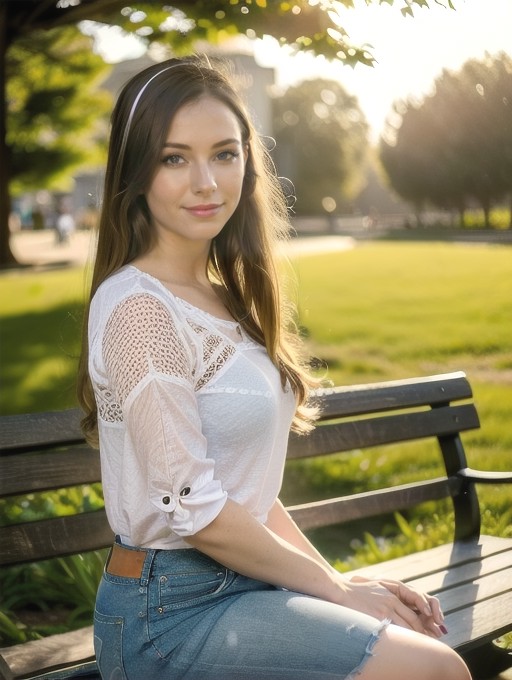 Enjinight, sitting on bench, in park, sunset, smiling at viewer, white shirt, blue jeans, portrait,(8k, RAW photo, best qu...