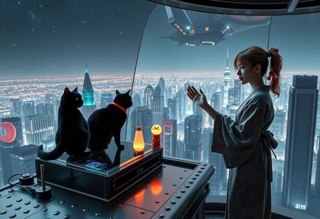 A sleek black cat with red collar sits on a cluttered metal riveted desk with transparent top and rgb led computer components visible inside, On the desk are a maneki neko statue and a lava lamp, the Black Cat is looking out of a seamless and futuristic floor to ceiling window that looks out at thousands of enormous wide and tall futuristic skyscrapers from a large window in a descending spaceship, a beautiful woman, 24 years old, is standing next to the cat looking at the viewer holding out her hand in a welcoming gesture, out the window is the enormous city at night, filled with buildings of many shapes and sizes, some over a mile tall))), the woman is dressed in an ornate Japanese style bath robe. An enormous deco starship with futuristic lighting and design is visible high above the city, and a space station is visible in the background among the stars, The woman's hair is messy from just waking up and tied up with a ribbon. Artistic cyberpunk, dynamic perspective, (((overall architectural aesthetic is Art Deco Cyberpunk))).  (((A large futuristic building shaped like a torii gate stands among the enormous tokyo structures,)))