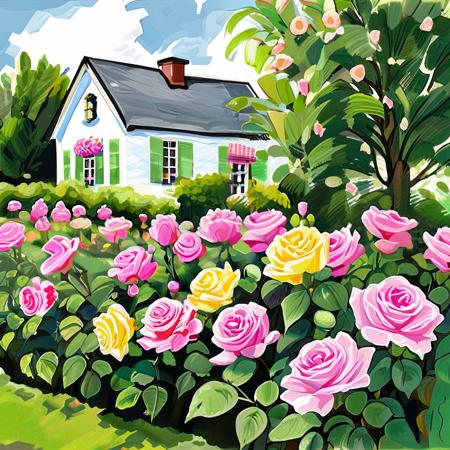 rating_safe, breathtaking detailed, masterpiece, absurdres, awe-inspiring, best quality, vibrant colors, painterly charcoal, visible texture, sketched outline, BREAK, lush summer rose garden in full bloom, (vibrant pink and yellow roses) in the foreground with soft petals and detailed foliage, BREAK, sunlight filtering through dense green trees, casting dappled shadows on the ground, gentle breeze suggested by leaf movement, BREAK, peaceful countryside estate with a charming light-yellow house in the background, slate roof and white-framed windows, [partially hidden behind the bushes], BREAK, painterly textures and soft brushstrokes, blue sky with swirling cloud patterns, overall atmosphere of serene beauty and timeless elegance<lora:sdxl_ta86artstyle_charcoal_brush.safetensors:1.0:1.0>