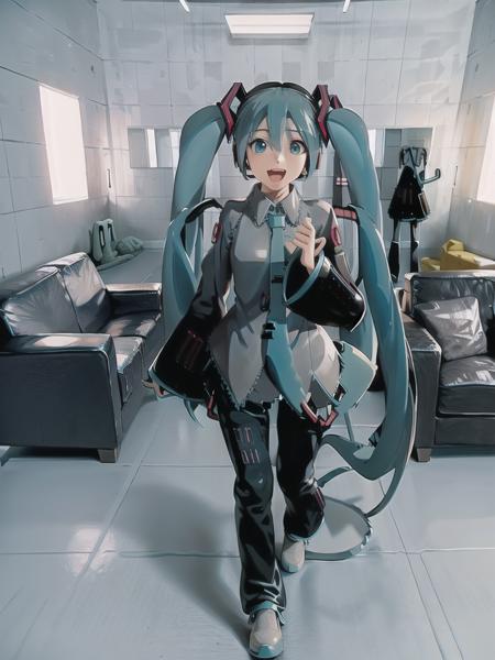 masterpiece, best quality, illustration, 
1girl, solo, (hatsune miku:1.4), hat, top hat, blue sweater, denim, black shoes, sneakers,  walking, 
VIS1,  indoors, tiles,  ceiling, couch, tile wall,