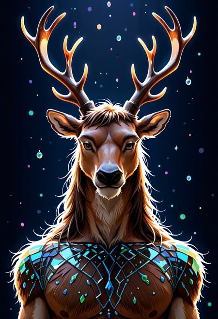 Majestic stag with antlers made of tiny neon glass filaments, <lora:World_of_Glass_Filament:0.81> , dark background, highland glade