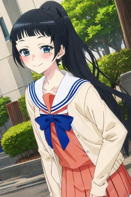 best quality, masterpiece, highres, solo, {chiyo_4ninwasorezoreusootsuku:1.15}, black_hair, long_hair, blush, bangs, mole, mole_under_eye, blunt_bangs, smile, blue_eyes, serafuku, ponytail