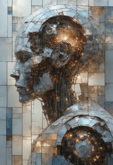 Construct a photorealistic rendering of a colossal, decaying automaton, fractured into stained-glass facets. Multiple perspectives collapse into a single, complex composition, with gears, pipes, and limbs rendered as geometric shards radiating a faint, ethereal glow. The color palette employs deep copper, tarnished silver, and sapphire blue, emphasizing intersecting lines and fragmented forms. Integrate subtle photorealistic details within each glass facetathe texture of aged metal, the glint of internal mechanismsato create a compelling blend of abstract geometry and tangible history, evoking a sense of lost purpose and mechanical melancholy.