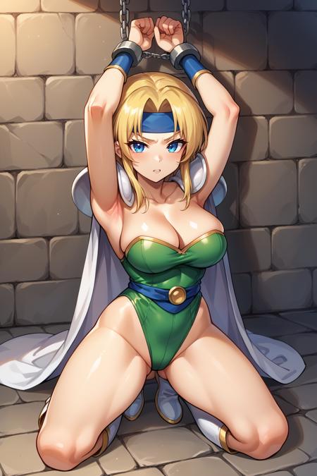 celes chere, blonde hair blue headband, green leotard, cleavage, white cape, shoulder pads, bracers, white boots hair ornament, yellow vest, detached sleeves, blue shirt, cleavage, strapless shirt, yellow pants hair ribbon, ponytail, blue ribbon, blue bow, necklace, white ballgown, frills, long sleeves