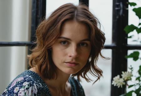 BloomCore, intimate bedroom portrait photo of european 30 y.o  woman, Chestnut hair,  perfect natural face, no makeup,natural body, natural skin, georgian windows, [floral print], 8k uhd, high quality <lora:add-detail-xl:1>  <lora:BloomCore:0.9>