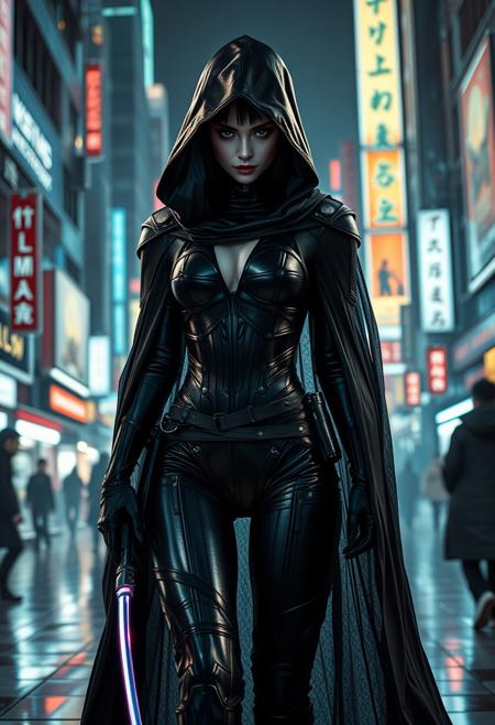 A sleek, deadly figure blending traditional and futuristic cyberpunk aesthetics. Dressed in a tight, black armored bodysuit interwoven with advanced technology, the sexy beautiful woman moves silently, like a shadow. Her face is is hidden within the deep hood of a cloak that flows around her, the cloak is made of a futuristic light bending technology that appears to create a rough transparency, the edges of the cloak are radiating an eerie, faint blue light. her gear includes a traditional samurai wakizashi and a futuristic plasma pistol. The environment is dimly lit, with neon reflections bouncing off the metallic surfaces of a sprawling cyberpunk cityscape at night with people avoiding the figure out of fear,