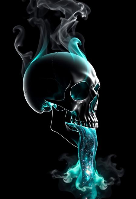 Skull, black background, slhouette black and white outline, skull made of smoke, neon teal_flames, pov sideview, smoke rises from back of skull, skull mouth open, jaw open, pouring out Galaxy in a liquid form, Galaxy waterfall from open mouth of skull