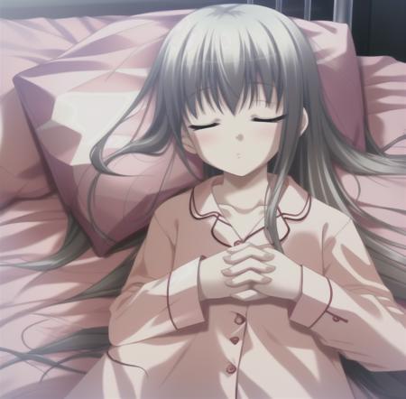 best quality,4k,1girl, closed eyes, long hair, bed, pillow, sleeping, solo focus, pajamas, holding hands, lying, grey hair, long sleeves, 1boy