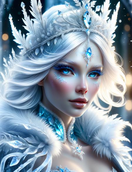 <lora:SDXLFrosted:0.8> FrostedStyle, up close photo of a fierce and beautiful snow queen, blue and white hair, frosted lips, wearing a frozen transparent glass fur coat, eyelashes tinged with frost, beautiful detailed high quality tiara, realistic eyes, up close, bokeh, 4k, HDR