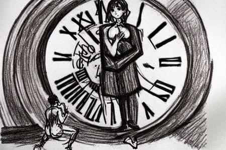 drawing of a man holding a giant clock in front of a painting of a man holding a woman, art by sketchpad