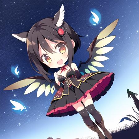 <lora:nnchibi1:0.8>,
nnchibi, 1girl,  solo, 
short hair, light black hair, hair_ornament,blur, close mouth,buttfly hair ornament,
middle breasts, ,witch dress,wand,wings like flames,
witch_boots,
standing, 
forest,cloud,wind,magic,firefly,night,
dynamic background,light,colorful, cold color,dutch angle, 
masterpiece, best quality, ultra-detailed